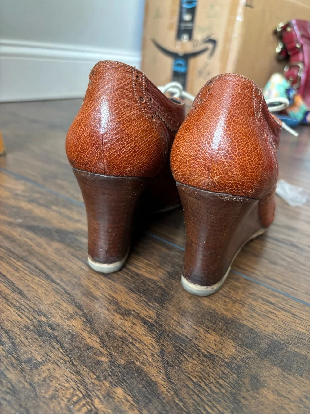 Congac Leather Lace-Up Oxford Wedges